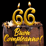 GIF animato con una torta al cioccolato decorata con crema, dettagli dorati e due candele accese che formano il numero 66. Messaggio 'Buon Compleanno' in scritta elegante.