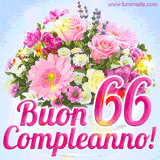 Bouquet animato con rose rosa, margherite e altri fiori colorati, con il numero 66 e la scritta 'Buon Compleanno!' in stile elegante e luminoso.