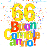 Animazione con il numero 66 in giallo e scritte multicolore 'Buon Compleanno!', accompagnate da una pioggia di stelle e coriandoli colorati.