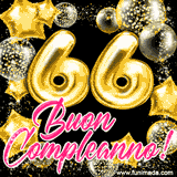 Animazione con palloncini dorati a forma del numero 66, circondati da decorazioni scintillanti e la scritta 'Buon Compleanno!' in caratteri rosa accattivanti.
