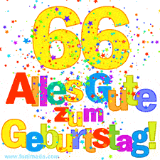 Geburtstags-GIF mit animierten bunten Sternen, der großen Zahl 66 und dem mehrfarbigen Text 'Alles Gute zum Geburtstag'.