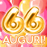 Bouquet animato di palloncini multicolori che emergono da una scatola regalo, con il numero 66 e la scritta 'Tanti Auguri!' su uno sfondo pieno di coriandoli.