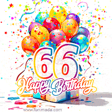 A festive birthday age GIF with animated star confetti, colorful balloons, and a gift box with the number 66. The text reads 'Happy Birthday'.