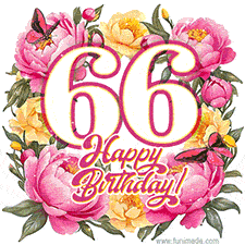 A celebratory GIF image features the animated number '66' and the words 'Happy Birthday!' surrounded by pink and yellow flowers. Two moving butterflies are included in this festive design.