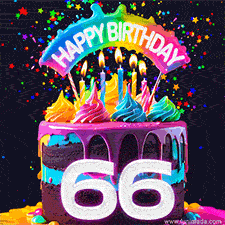 Chocolate cake with cyan layers, pink dressing and a big number 66 adorned with vibrant multicolored frosting, lit candles, and a rainbow topper with text that says 'Happy Birthday'. Animated colorful confetti move behind the cake.
