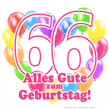 Ein verspieltes animiertes Geburtstags-GIF mit bunten Ballons in Herzform und der Zahl 66.