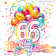Ein lebendiges Geburtstags-GIF mit bunten Ballons, animiertem Konfetti, der Zahl 66 und den Worten 'Alles Gute zum Geburtstag' in dekorativer Schriftart.
