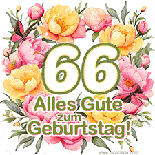 Ein elegantes GIF mit einem Blumenkranz in zarten Tönen, der großen Zahl 66 und den Worten 'Alles Gute zum Geburtstag'.