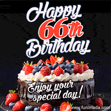 A birthday greeting card image. It features a chocolate cake with berries and the text 'Happy 66th Birthday. Enjoy your special day!'
