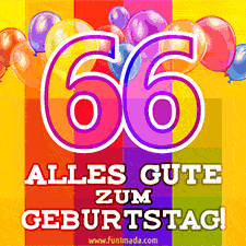 Große Zahl 35 in Umrissschrift, die Worte 'Alles Gute zum 66. Geburtstag', mehrfarbige animierte Ballons und lebendiger Hintergrund.