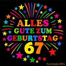 Animiertes GIF 'Alles Gute zum Geburtstag 67 mit bunten Buchstaben und leuchtenden Sternen