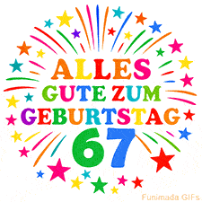 Bunte 'Alles Gute zum Geburtstag' Animation für den 67. Geburtstag mit Sternen und bunten Farben