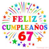 Imagen animada para felicitar los 67 años con letras de colores y diseño festivo.