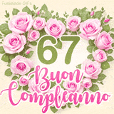 GIF per il 67° compleanno con un cuore di rose rosa e scritta elegante