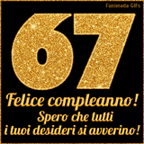 Un GIF animato per un 67° compleanno, Presenta il testo 'Buon Compleanno 67' su uno sfondo giallo vivo con palloncini colorati, festoni e una pioggia di coriandoli.