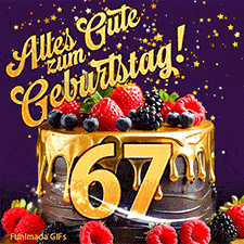 Eine köstlich aussehende animierte Geburtstagskarte für den 67. Geburtstag, dekoriert mit Erdbeeren, Blaubeeren und goldenen Details, Sterne funkeln und fallen, mit 'Alles Gute zum Geburtstag!'-Text.