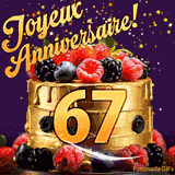 Une animation de célébration d'un gâteau de 67ème anniversaire, Des étoiles dorées tombent du ciel, mettant en valeur le texte 'Joyeux Anniversaire !' et le nombre doré 67 à l'avant du gâteau.