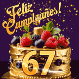 Una animación de celebración de una tarta para el 67º cumpleaños, Estrellas doradas caen del cielo, destacando el texto '¡Feliz Cumpleaños!' y el número dorado 67 en la tarta.