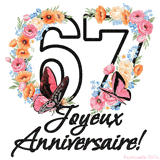 Ce GIF de Joyeux 67ème Anniversaire présente le nombre vingt rempli d'un bouquet vibrant de fleurs animées, avec des papillons qui bougent doucement sur un fond blanc.