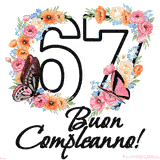 Questo GIF di Buon 67° Compleanno mostra il numero venti riempito con un vibrante bouquet di fiori animati, con farfalle che si muovono dolcemente su uno sfondo bianco.