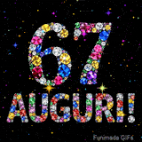 Animazione con il numero 67 e la parola Auguri creati da pietre preziose colorate, con un effetto scintillante su sfondo nero.