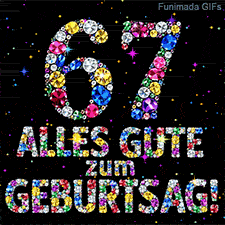 Eine Ziffer 67 und der Schriftzug Alles Gute zum Geburtstag aus leuchtenden Kristallen auf schwarzem Hintergrund mit bunten Sternchen.