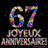 Image animée montrant le chiffre 67 et le texte Joyeux Anniversaire composés de pierres précieuses, avec un effet de scintillement sur fond noir.