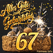 Auf dem Kuchen leuchtet die siebenundsechzig in Gold. Eine helle Wunderkerze und fallende Sternchen begleiten den eleganten Geburtstagsgruß.