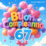 Un grappolo animato di palloncini festosi che si muovono al vento. Il testo 3D Buon Compleanno riposa sopra il grande numero azzurro 67 sospeso a dei fili.