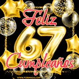 Animación de un GIF con el número 67 en dorado, rodeado de estrellas, burbujas brillantes y la frase 'Feliz cumpleaños' en letras modernas y festivas.