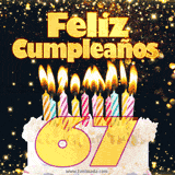 GIF animado de un pastel decorado con velas de colores, con el número 67 resaltado y un fondo brillante que transmite celebración.