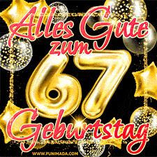 Glänzende goldene Ballons und ein quadratischer Glitzerrahmen: Animiertes GIF zum 67. Geburtstag mit der großen goldenen Zahl 67