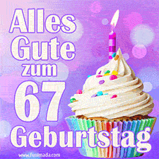 Ein lebendiges Geburtstags-GIF mit einem dekorierten Cupcake, einer Kerze und der Zahl 67 auf einem bunten Hintergrund.
