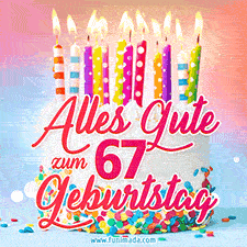 Geburtstags-GIF mit einem weißen Cremekuchen mit bunten Kerzen und Streuseln und den Worten 'Alles Gute zum 67. Geburtstag' in rosafarbenem Zierfisch.