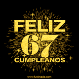 GIF animado con un diseño dorado, mostrando el número 67 rodeado de fuegos artificiales y luces que resaltan una atmósfera festiva y vibrante.