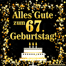 Dieses lebhafte Geburtstags-GIF zeigt eine Torte mit Kerzen, goldenem Konfetti und der Zahl 67.