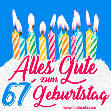 Ein buntes Geburtstags-GIF mit strahlenden Kerzen auf einer festlichen Torte zur Feier des 67.