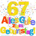Festliches und farbenfrohes GIF-Bild zum 67. Geburtstag.