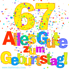Geburtstags-GIF mit animierten bunten Sternen, der großen Zahl 67 und dem mehrfarbigen Text 'Alles Gute zum Geburtstag'.