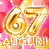Bouquet animato di palloncini multicolori che emergono da una scatola regalo, con il numero 67 e la scritta 'Tanti Auguri!' su uno sfondo pieno di coriandoli.