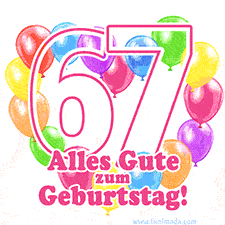 Ein verspieltes animiertes Geburtstags-GIF mit bunten Ballons in Herzform und der Zahl 67.