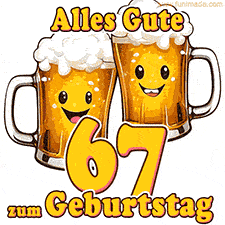Zwei lustige Bierkrüge mit fröhlichen Gesichtern hüpfen auf und ab. Der Text lautet 'Alles Gute zum 67. Geburtstag'.