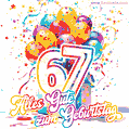 Animiertes Konfetti, mehrfarbige Luftballons und eine Geschenkbox in einem fröhlichen GIF zum 67. Geburtstag