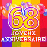 GIF animé 68 ans avec des ballons colorés, un grand chiffre 68 et 'Joyeux Anniversaire!' sur un fond éclatant.