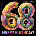Shiny number 68 birthday celebration balloons with an iridescent glow, animated GIF