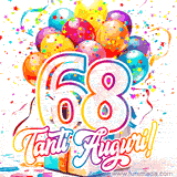 Animazione con palloncini colorati e scintillanti, accompagnata dal numero 68 in caratteri grandi e luminosi, e la scritta 'Tanti Auguri!' in stile vivace.