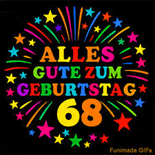 Animiertes GIF 'Alles Gute zum Geburtstag 68 mit bunten Buchstaben und leuchtenden Sternen