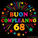 GIF animata 'Buon Compleanno 68' con lettere colorate e fuochi d'artificio