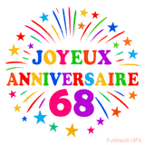 GIF animé joyeux anniversaire 68 ans avec étoiles multicolores et feu d’artifice