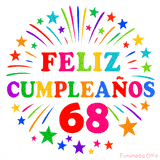 Imagen animada para felicitar los 68 años con letras de colores y diseño festivo.
